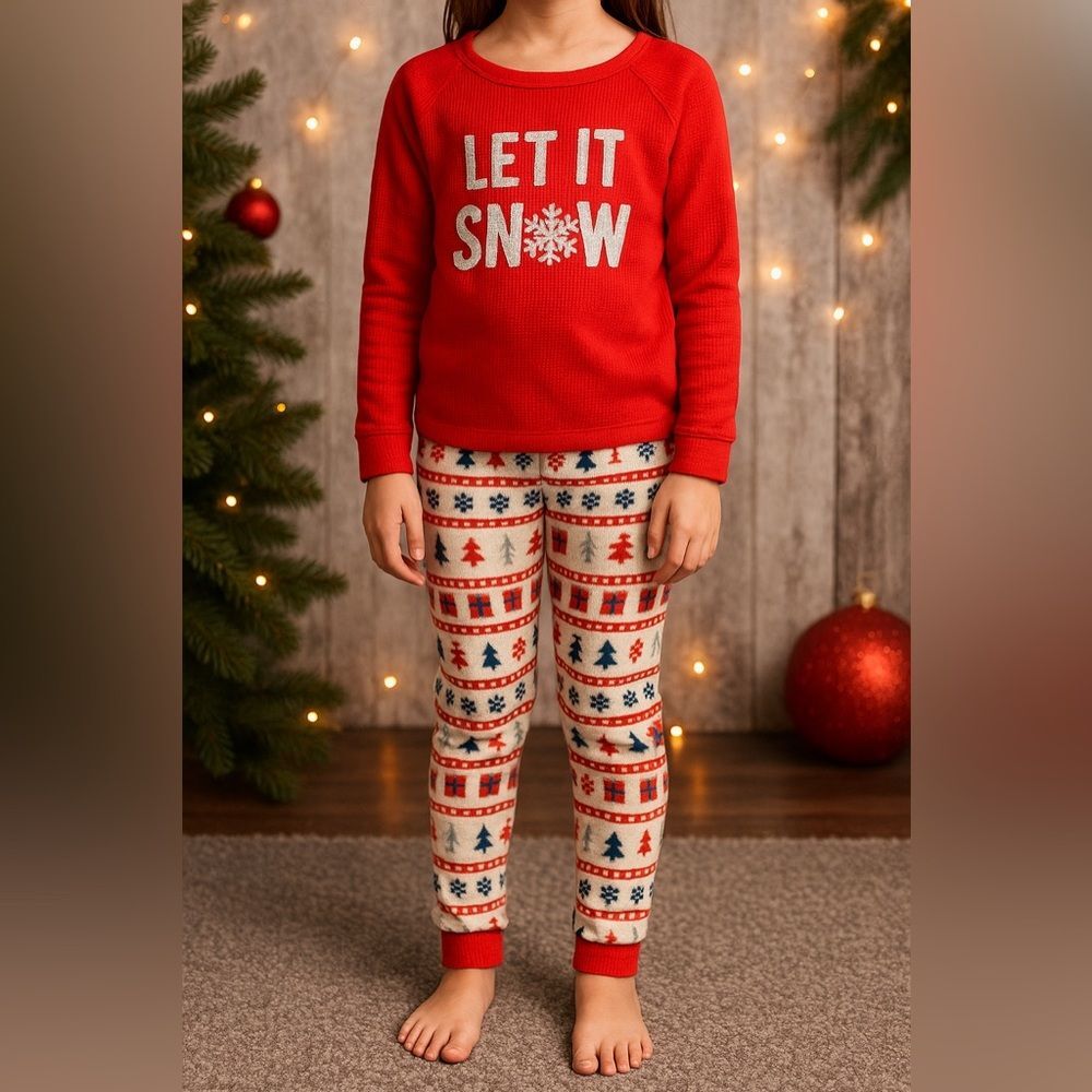 Kensie Girl Let It Snow Thermal Pajama Set Girls 7/8 Red Fair Isle Christmas PJs
